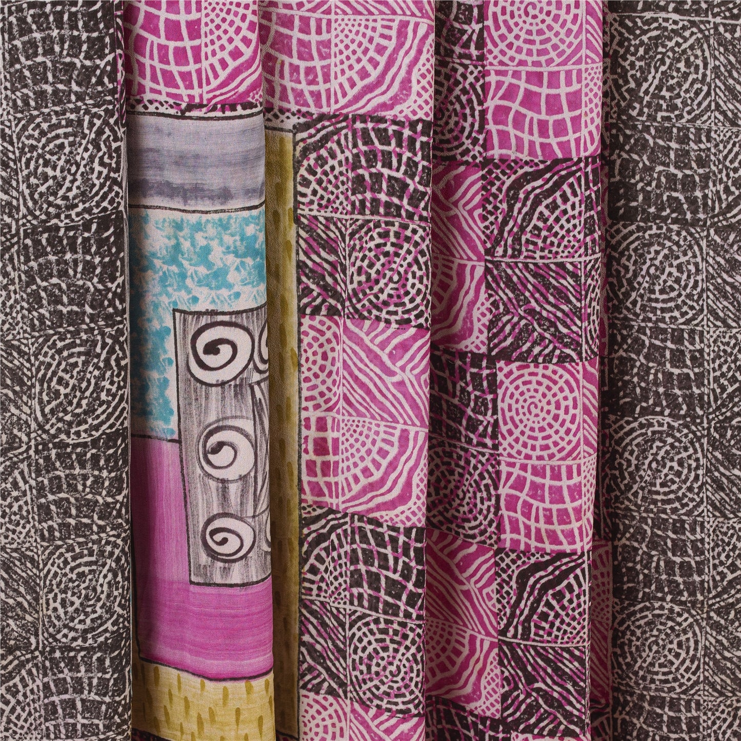 Sanskriti Vintage Saree Black & Pink Pure Georgette Print Sari 5+YD Craft Fabric