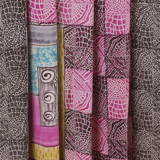 Sanskriti Vintage Saree Black & Pink Pure Georgette Print Sari 5+YD Craft Fabric