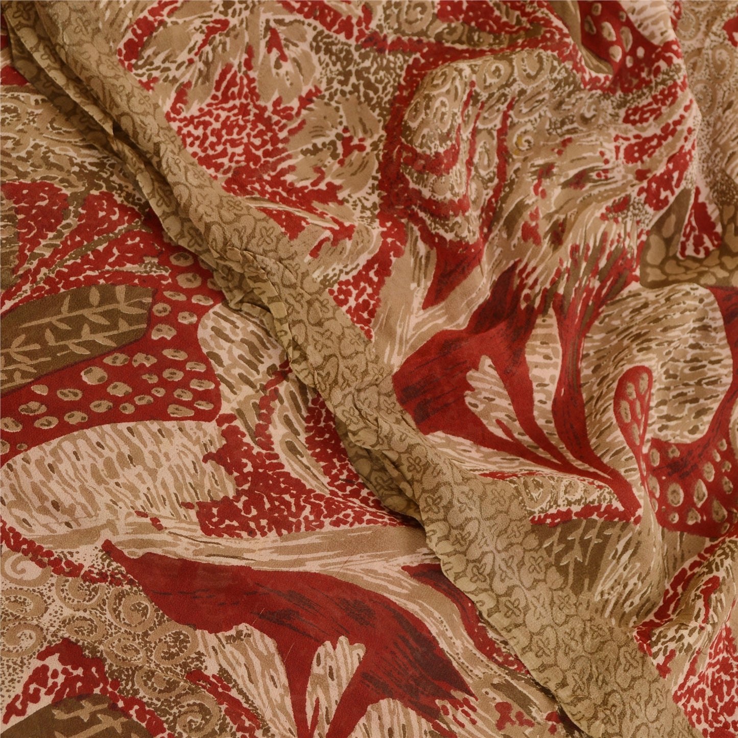 Sanskriti Vintage Sari 100% Pure Georgette Silk Saree Red Printed 5yd Soft Craft Fabric Home Decor, Women Floral Outfit, Silk Scrap