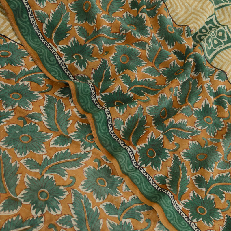 Sanskriti Vintage Saree Green Pure Georgette Silk Printed Sari Craft Soft Sustainable Fabric