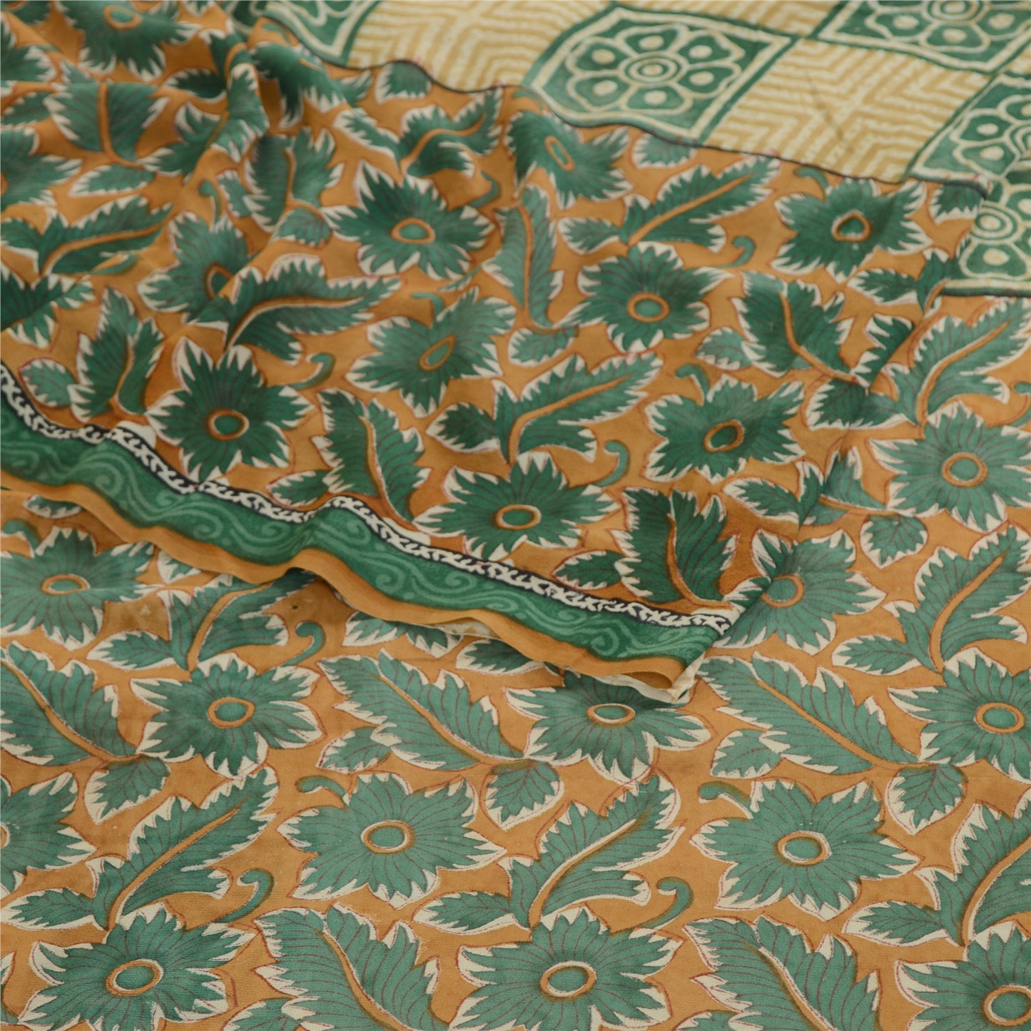 Sanskriti Vintage Saree Green Pure Georgette Silk Printed Sari Craft Soft Sustainable Fabric