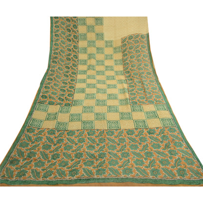 Sanskriti Vintage Saree Green Pure Georgette Silk Printed Sari Craft Soft Sustainable Fabric