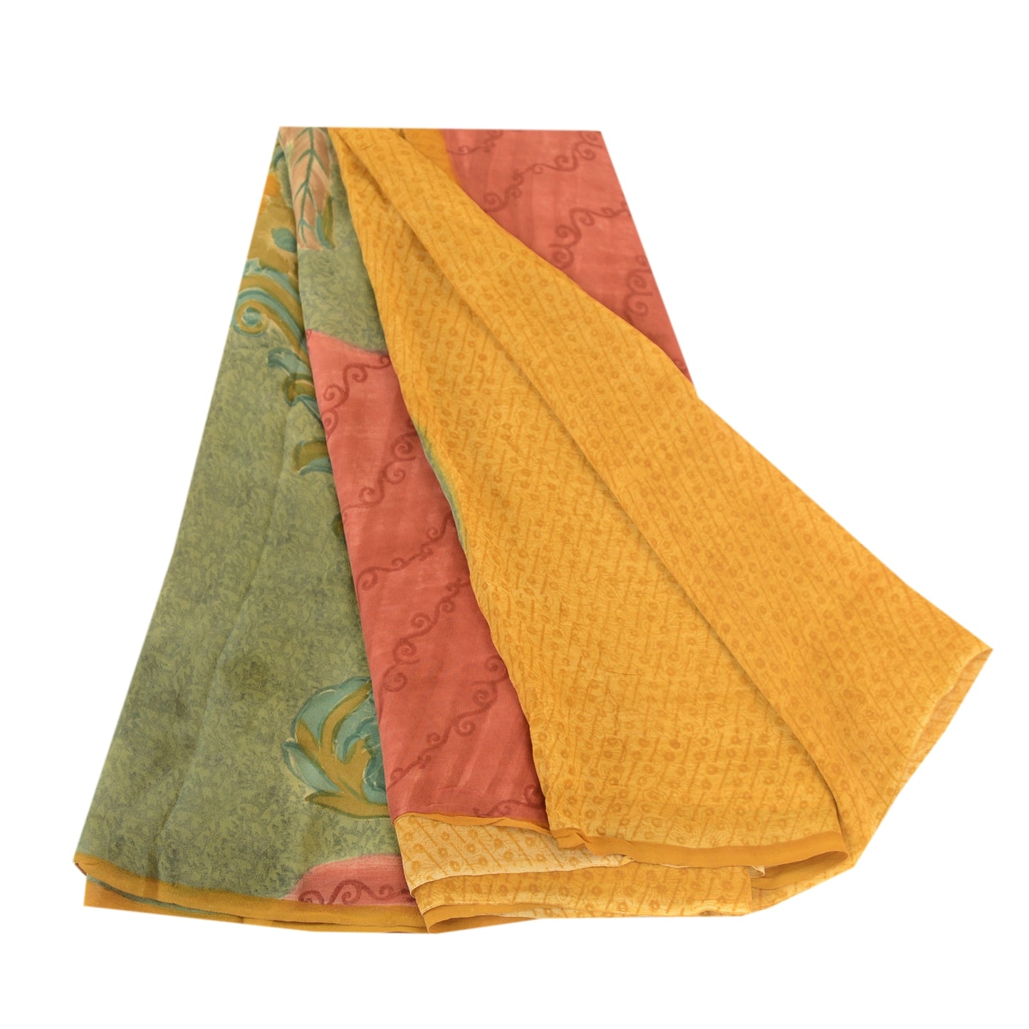 Sanskriti Vintage Saree Saffron Printed Pure Georgette Silk Sari Craft Sustainable Fabric