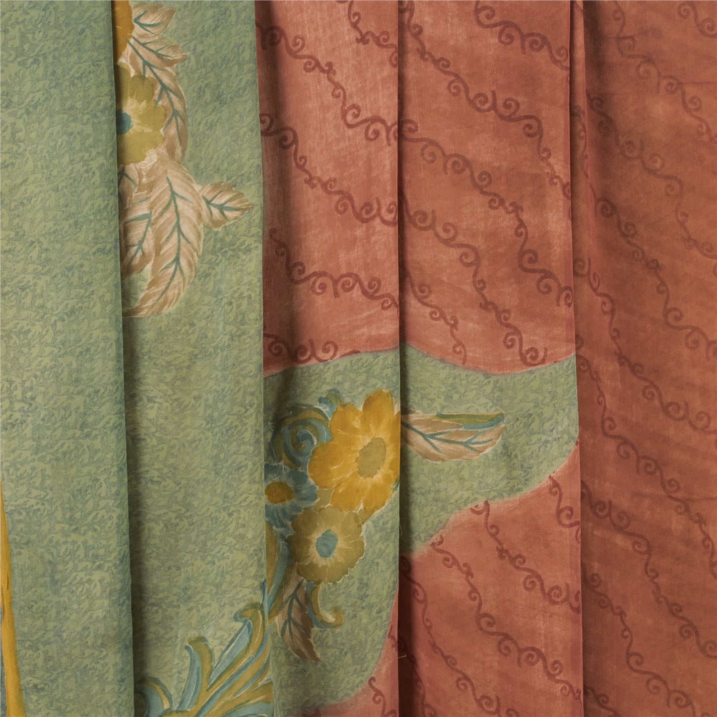 Sanskriti Vintage Saree Saffron Printed Pure Georgette Silk Sari Craft Sustainable Fabric