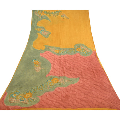Sanskriti Vintage Saree Saffron Printed Pure Georgette Silk Sari Craft Sustainable Fabric