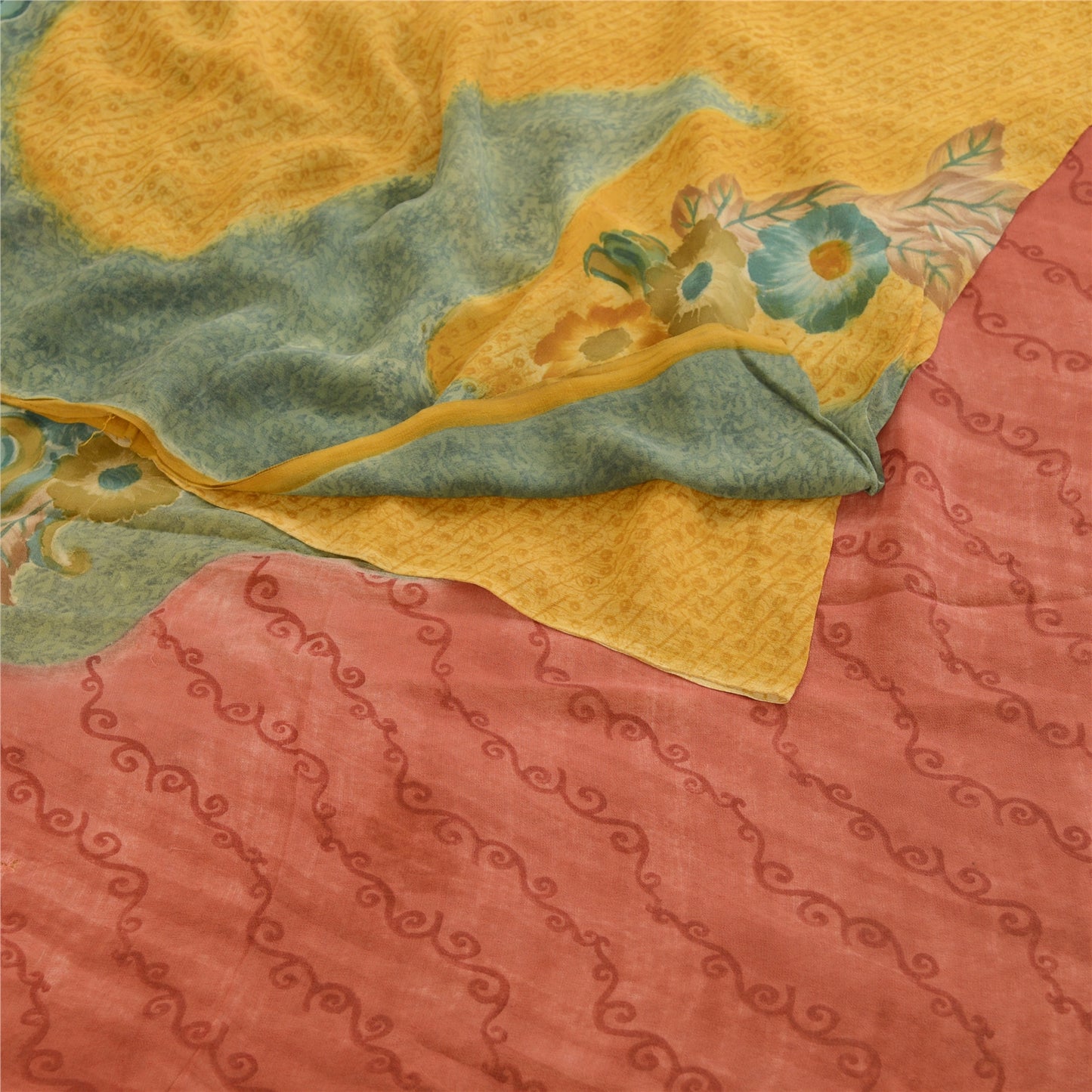 Sanskriti Vintage Saree Saffron Printed Pure Georgette Silk Sari Craft Sustainable Fabric