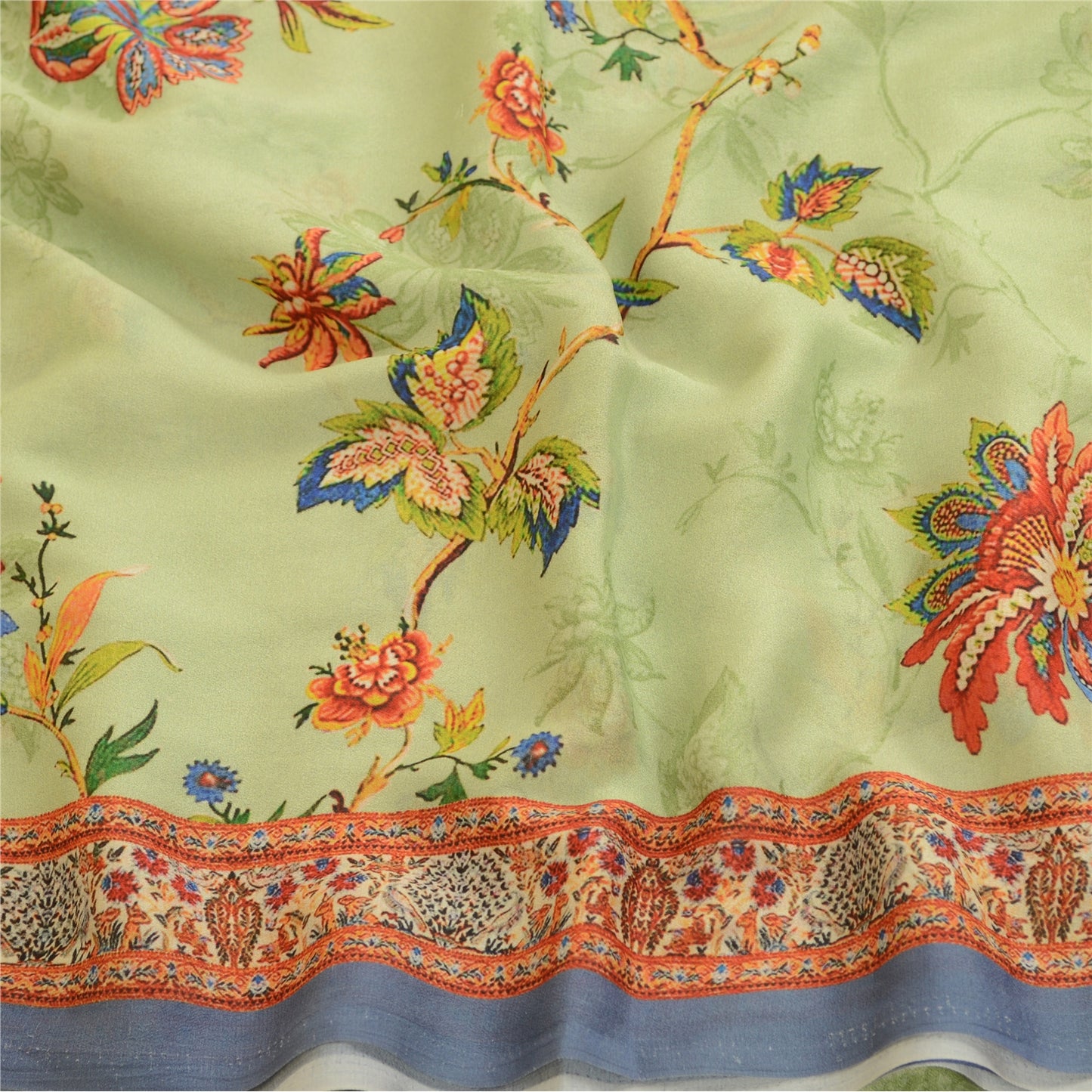 Sanskriti Vintage Saree Green Digital Printed Georgette Sari Floral Craft Sustainable Fabric