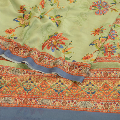 Sanskriti Vintage Saree Green Digital Printed Georgette Sari Floral Craft Sustainable Fabric