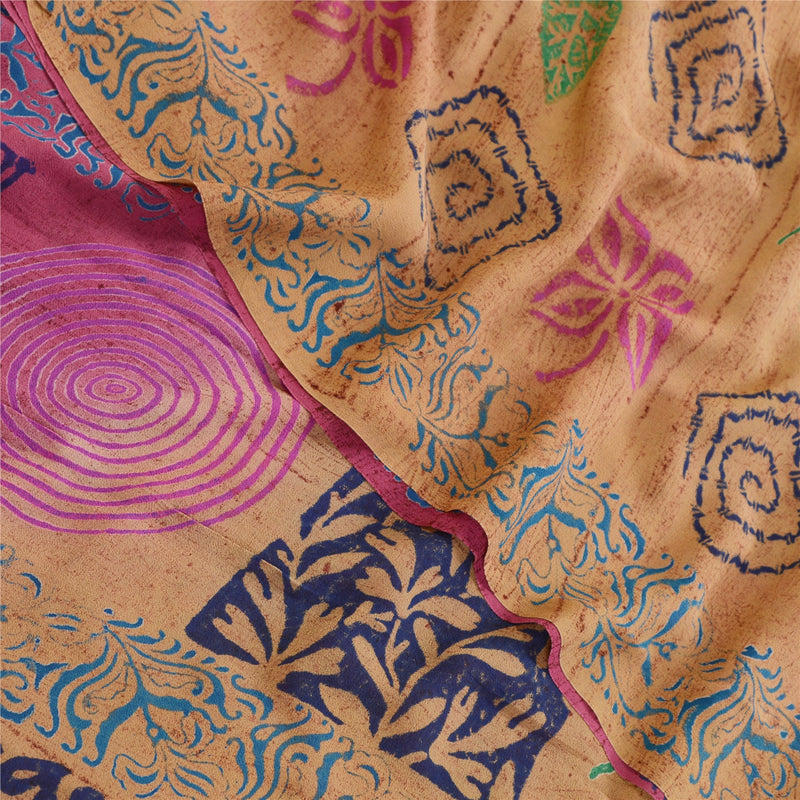 Sanskriti Vintage Sarees Lilla Bloktrykt Ren Georgette Silke Sari Bæredygtigt Stof