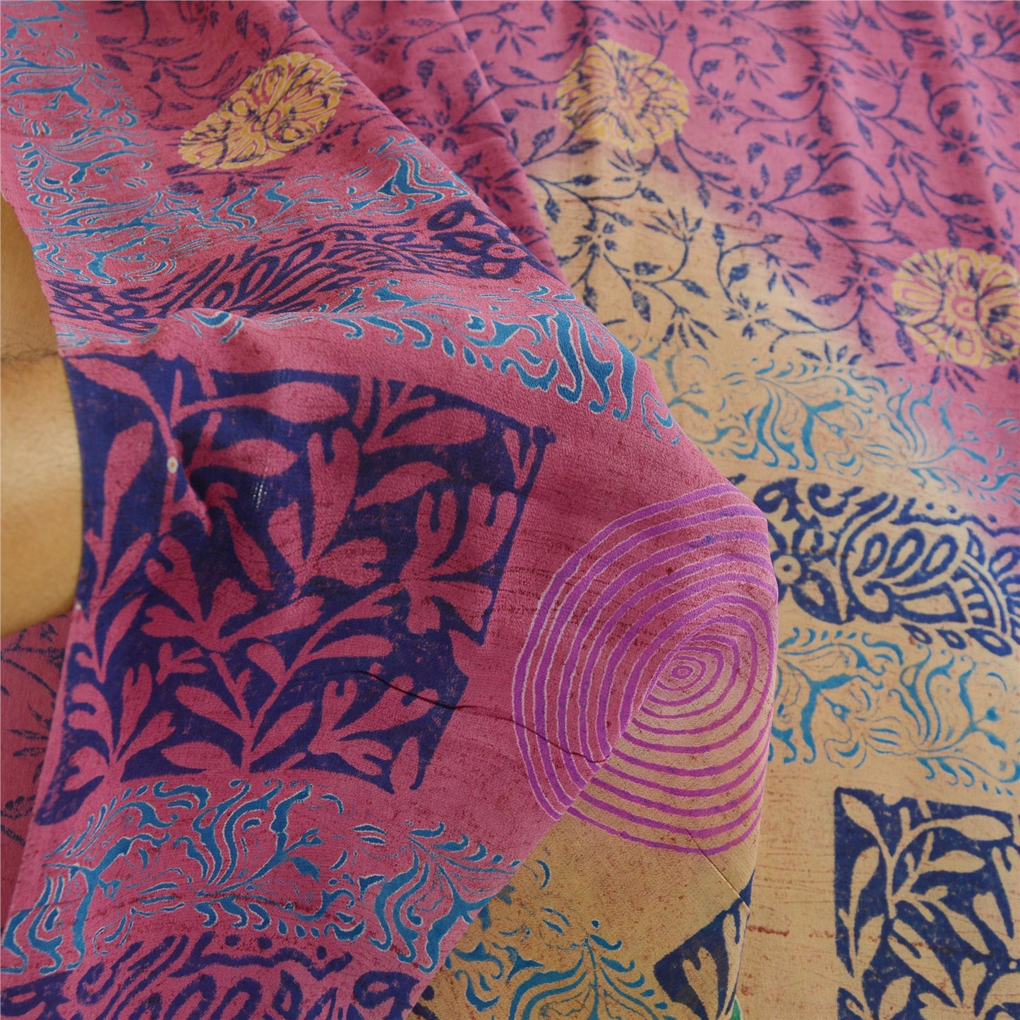 Sanskriti Vintage Sarees Purple Block Printed Pure Georgette Silk Sari Sustainable Fabric