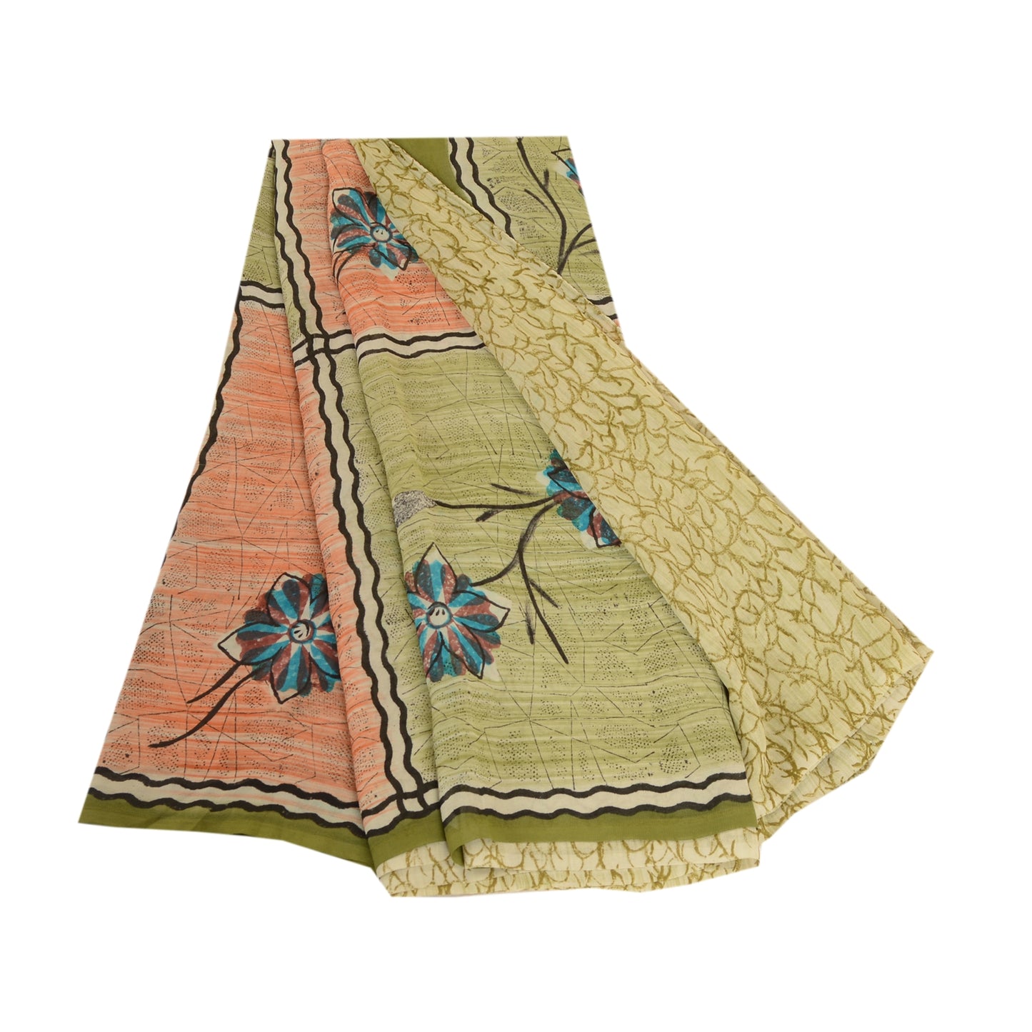 Sanskriti Vintage Sarees Green Printed Pure Georgette Silk Sari 5yd Craft Sustainable Fabric