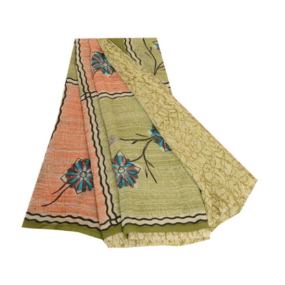 Sanskriti Vintage Sarees Green Printed Pure Georgette Silk Sari 5yd Craft Sustainable Fabric