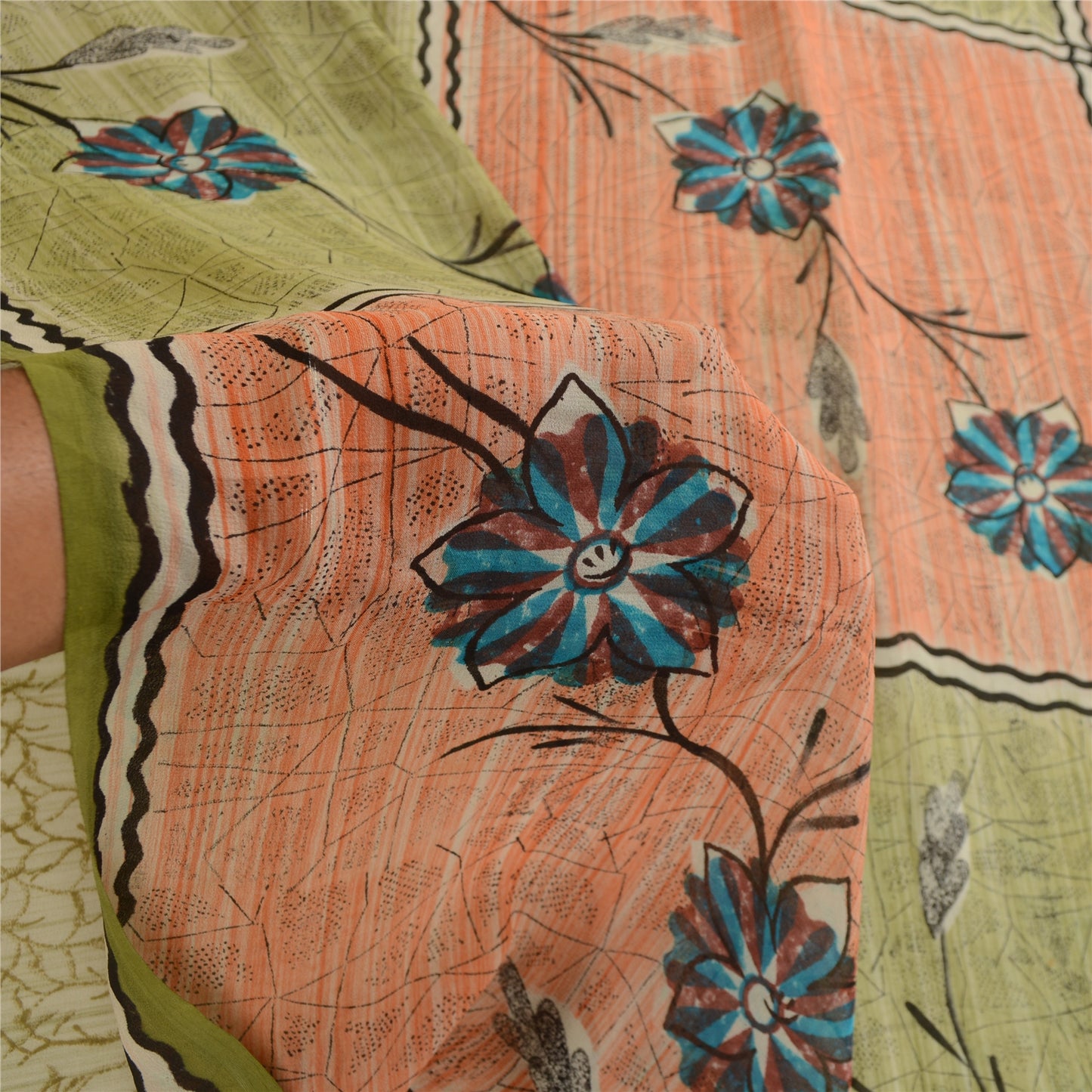 Sanskriti Vintage Sarees Green Printed Pure Georgette Silk Sari 5yd Craft Sustainable Fabric