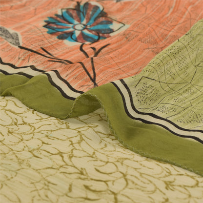 Sanskriti Vintage Sarees Green Printed Pure Georgette Silk Sari 5yd Craft Sustainable Fabric