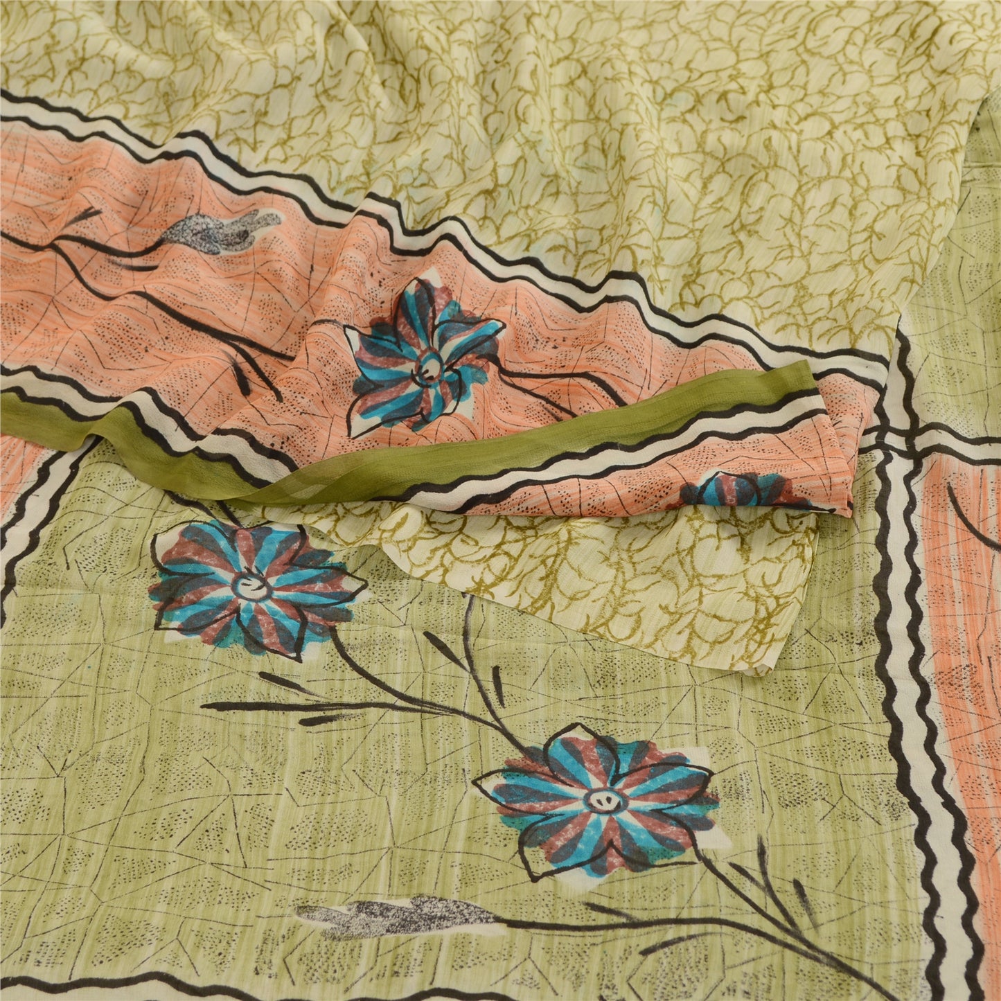 Sanskriti Vintage Sarees Green Printed Pure Georgette Silk Sari 5yd Craft Sustainable Fabric