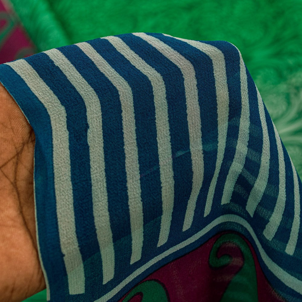 Sanskriti Vintage Sarees Green Pure Georgette Silk Printed Sari 5YD Craft Sustainable Fabric