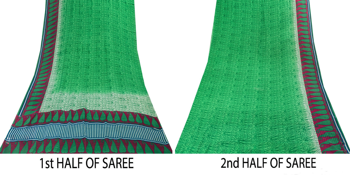 Sanskriti Vintage Sarees Green Pure Georgette Silk Printed Sari 5YD Craft Sustainable Fabric