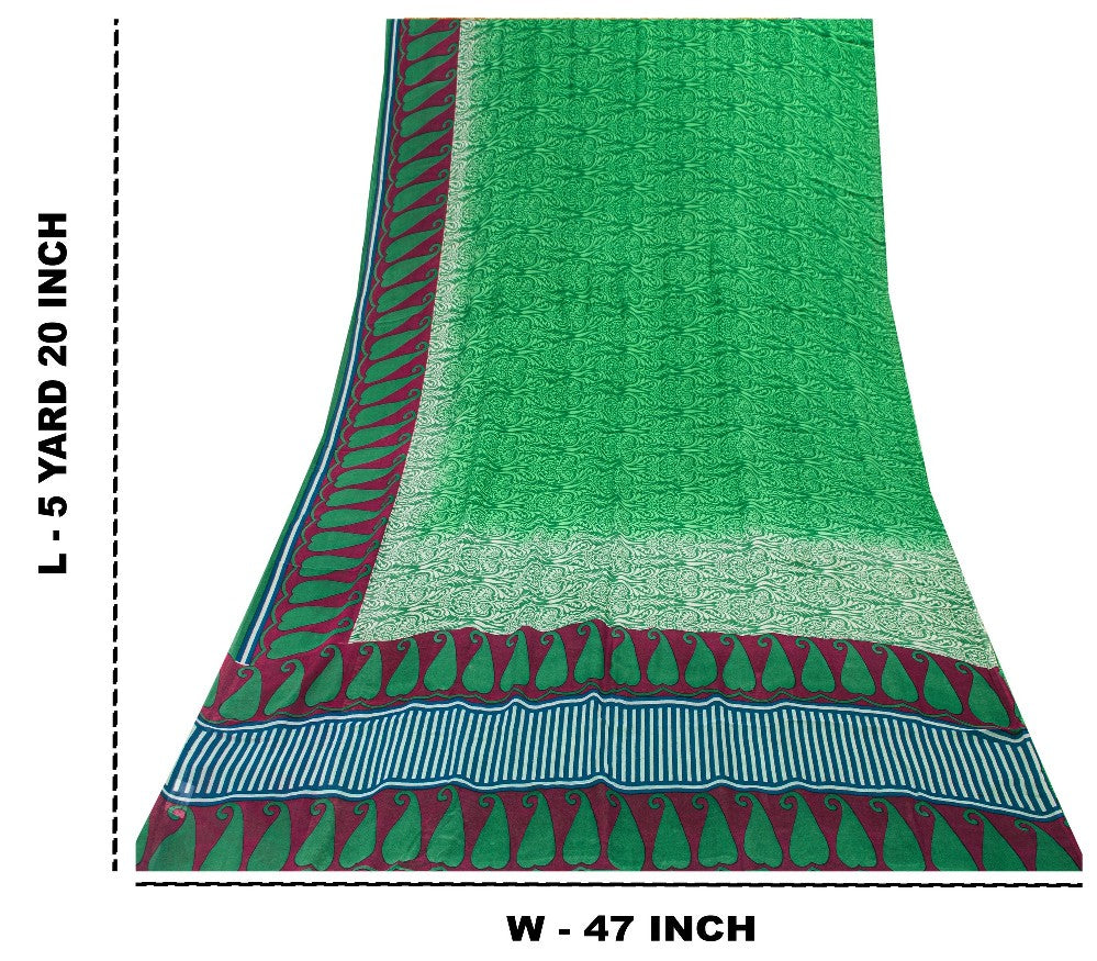 Sanskriti Vintage Sarees Green Pure Georgette Silk Printed Sari 5YD Craft Sustainable Fabric