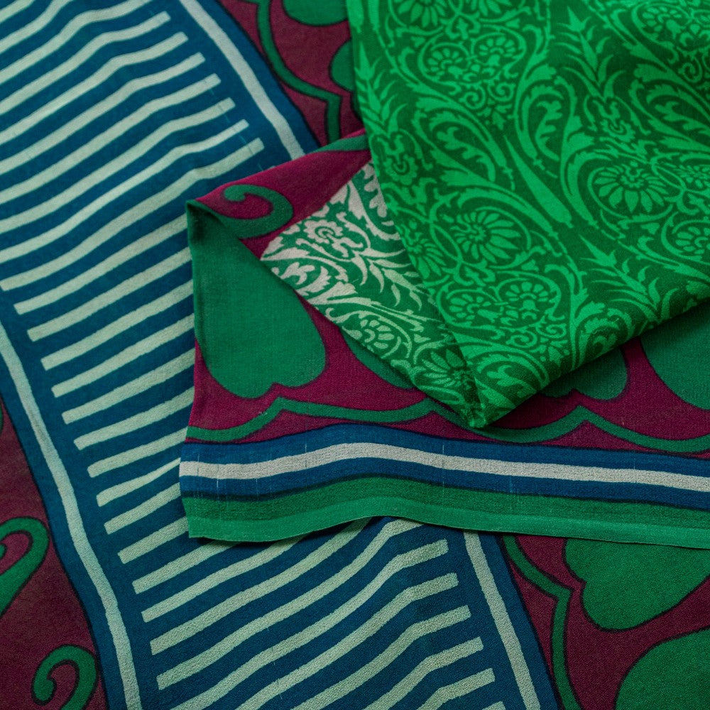 Sanskriti Vintage Sarees Green Pure Georgette Silk Printed Sari 5YD Craft Sustainable Fabric