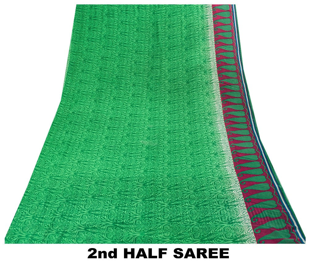 Sanskriti Vintage Sarees Green Pure Georgette Silk Printed Sari 5YD Craft Sustainable Fabric