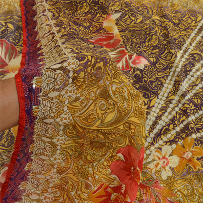 Sanskriti Vintage Yellow Indian Georgette Sarees Printed Sari Soft Craft Fabric