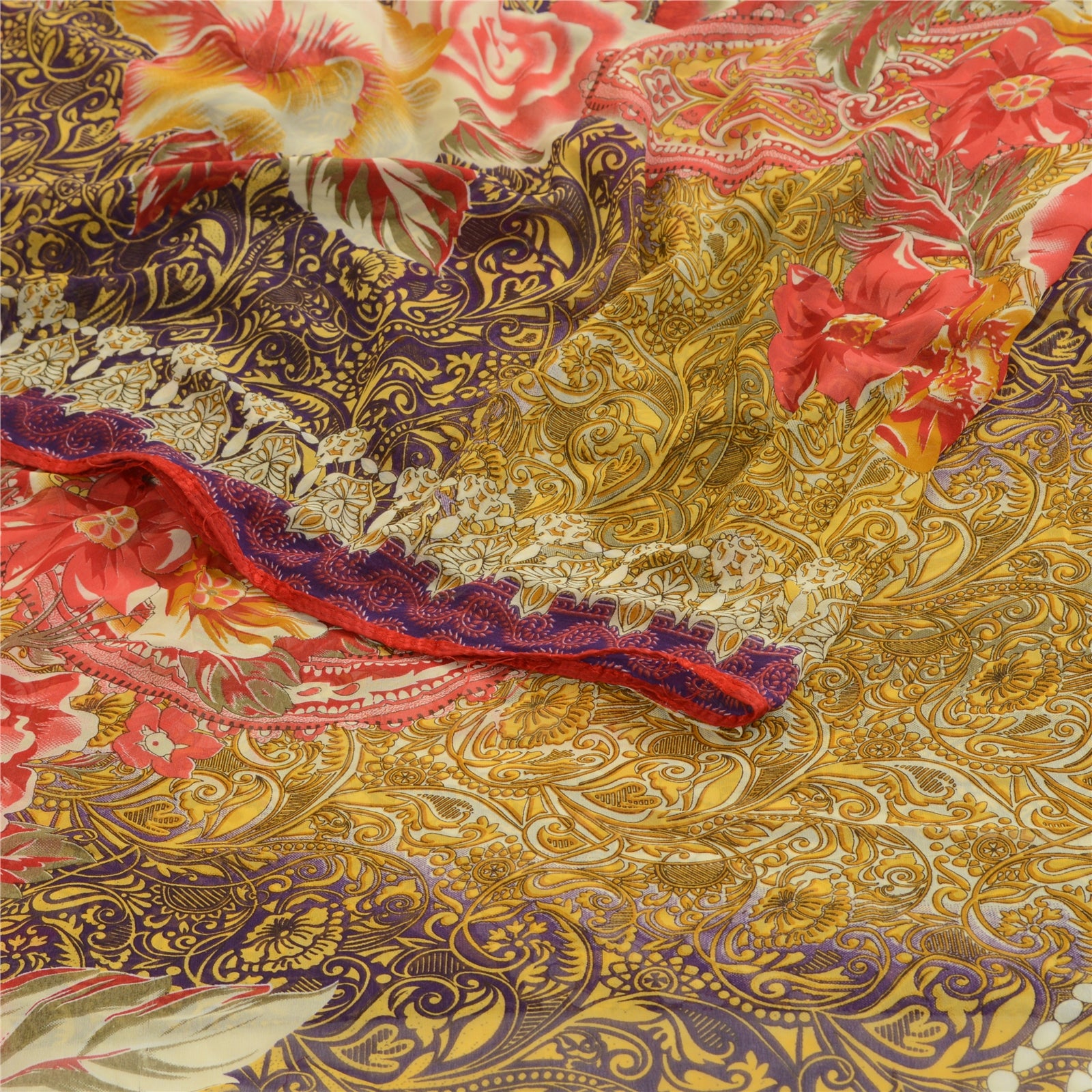 Sanskriti Vintage Yellow Indian Georgette Sarees Printed Sari Soft Craft Fabric