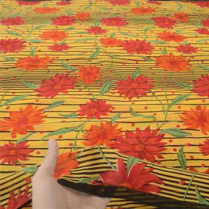 Sanskriti Vintage Sarees Yellow Pure Georgette Silk Printed Sari Craft Sustainable Fabric