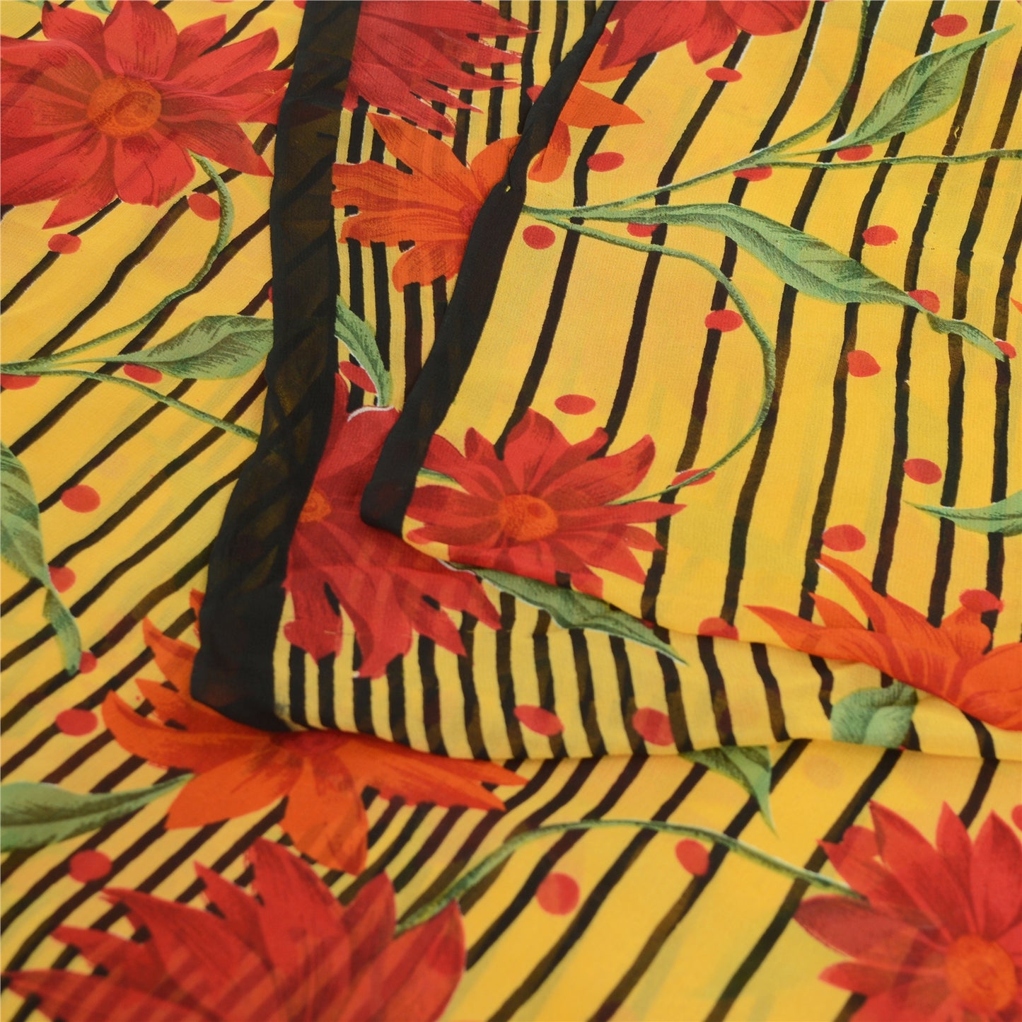 Sanskriti Vintage Sarees Yellow Pure Georgette Silk Printed Sari Craft Sustainable Fabric