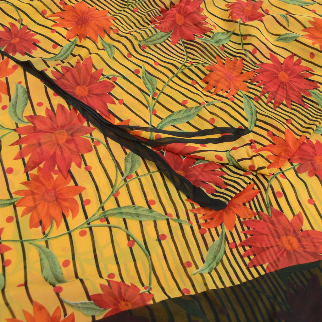 Sanskriti Vintage Sarees Yellow Pure Georgette Silk Printed Sari Craft Sustainable Fabric