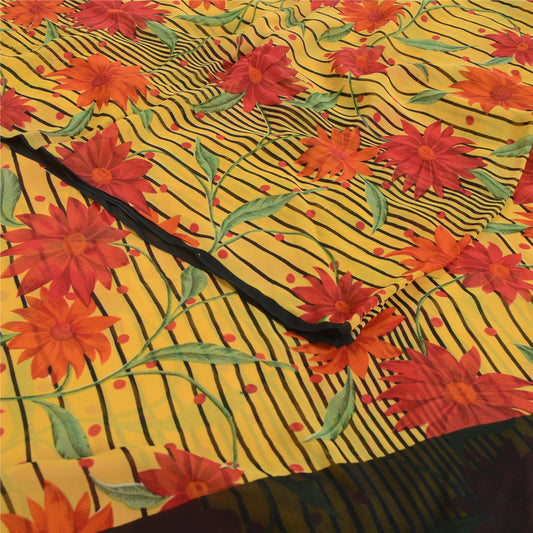 Sanskriti Vintage Sarees Yellow Pure Georgette Silk Printed Sari Craft Sustainable Fabric