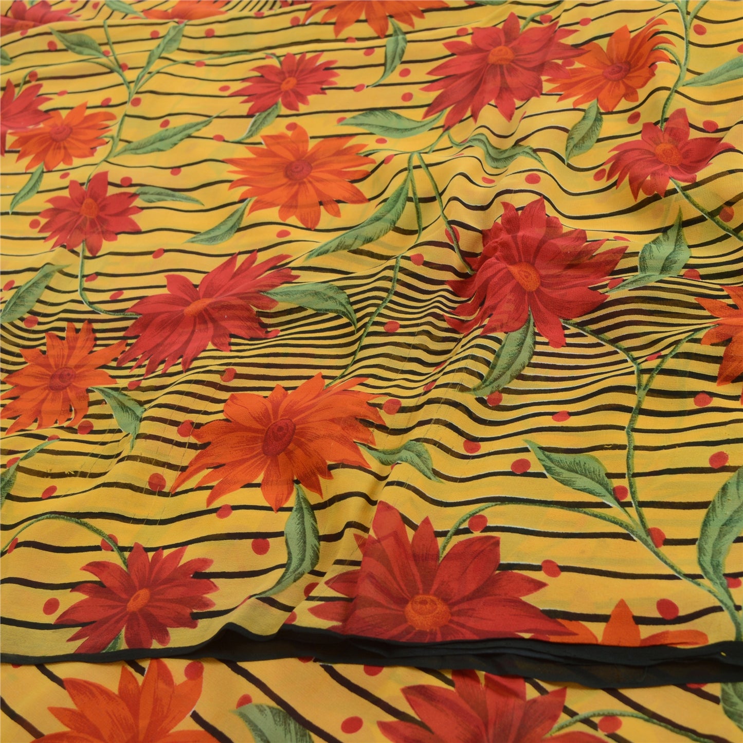 Sanskriti Vintage Sarees Yellow Pure Georgette Silk Printed Sari Craft Sustainable Fabric