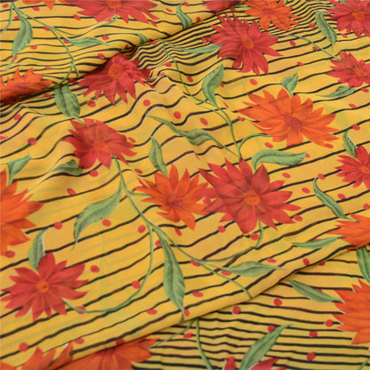 Sanskriti Vintage Sarees Yellow Pure Georgette Silk Printed Sari Craft Sustainable Fabric