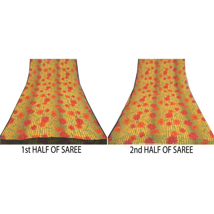 Sanskriti Vintage Sarees Yellow Pure Georgette Silk Printed Sari Craft Sustainable Fabric