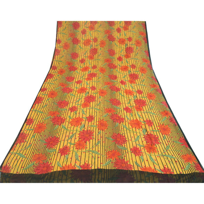 Sanskriti Vintage Sarees Yellow Pure Georgette Silk Printed Sari Craft Sustainable Fabric