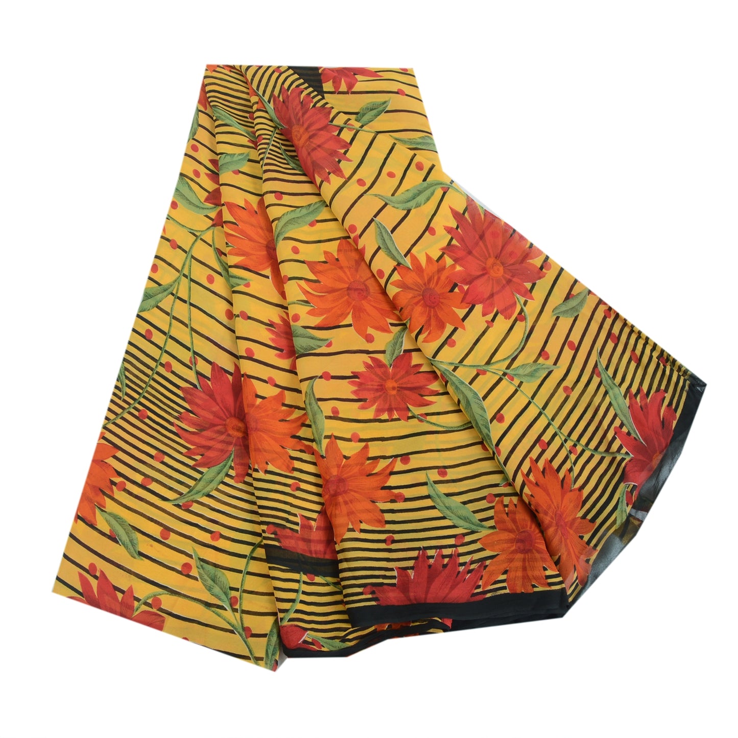 Sanskriti Vintage Sarees Yellow Pure Georgette Silk Printed Sari Craft Sustainable Fabric