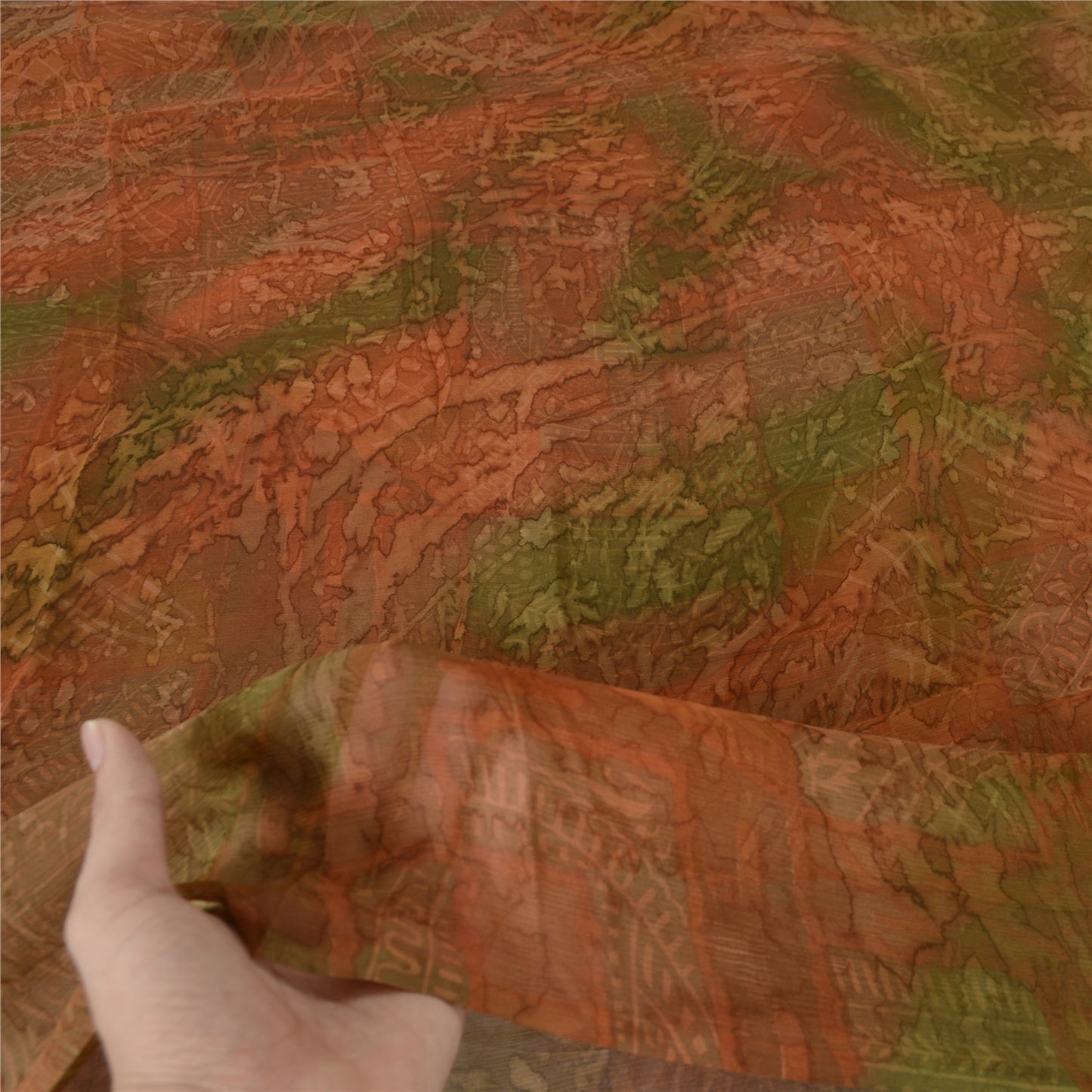 Sanskriti Vintage Sarees Brown/Green Pure Chiffon Printed Sari 5yd Craft Sustainable Fabric