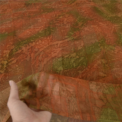 Sanskriti Vintage Sarees Brown/Green Pure Chiffon Printed Sari 5yd Craft Sustainable Fabric