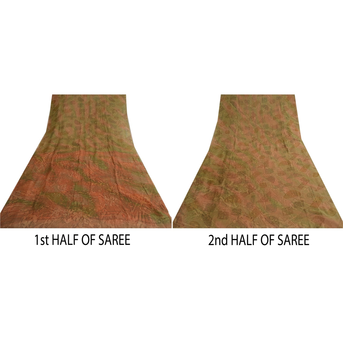 Sanskriti Vintage Sarees Brown/Green Pure Chiffon Printed Sari 5yd Craft Sustainable Fabric