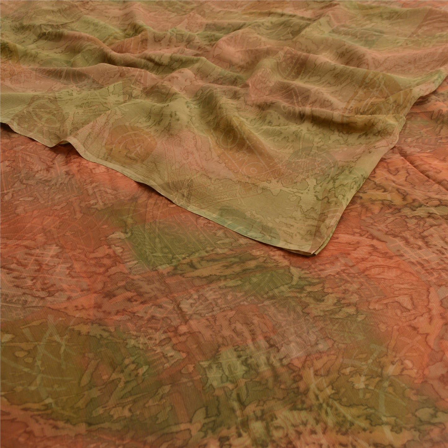 Sanskriti Vintage Sarees Brown/Green Pure Chiffon Printed Sari 5yd Craft Sustainable Fabric