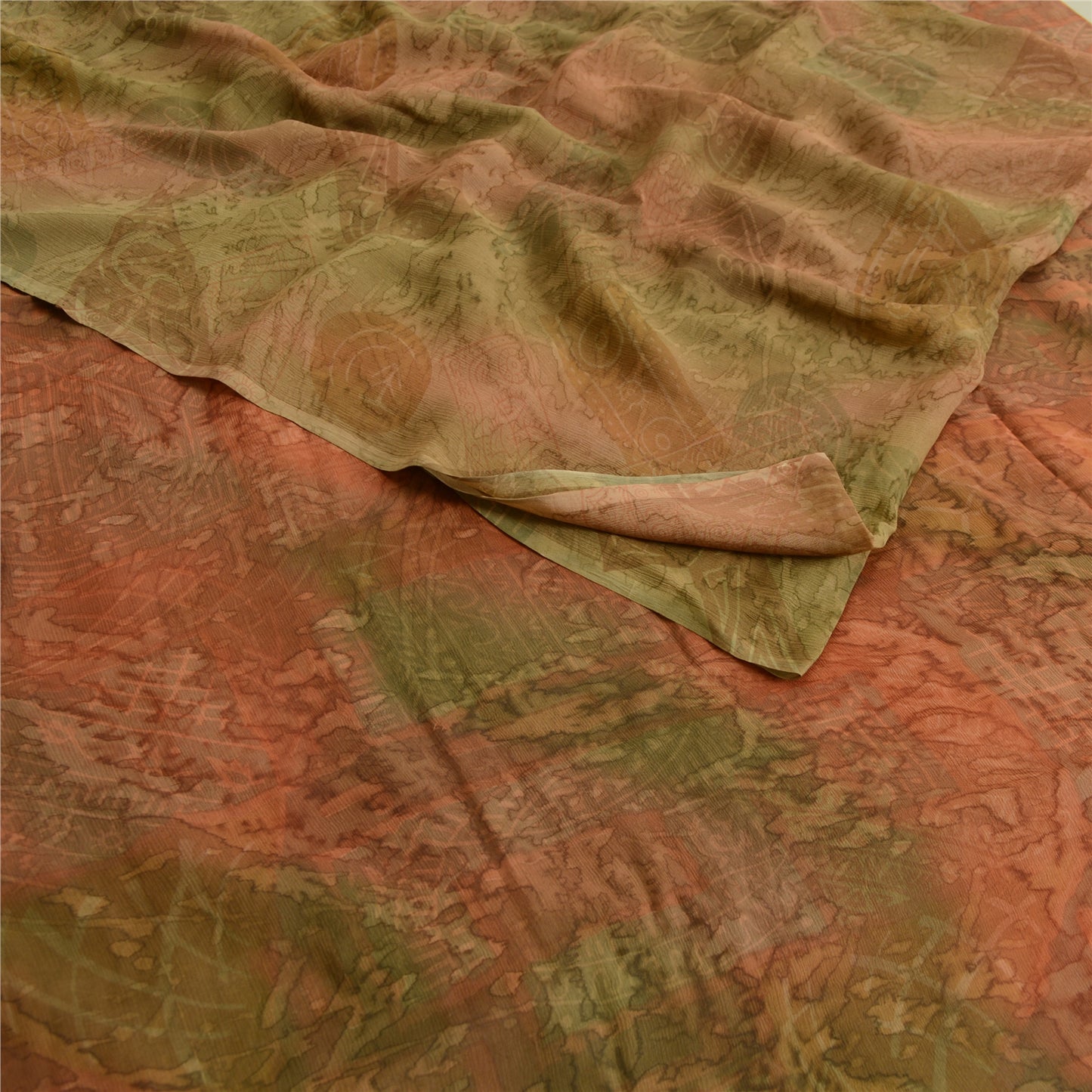 Sanskriti Vintage Sarees Brown/Green Pure Chiffon Printed Sari 5yd Craft Sustainable Fabric