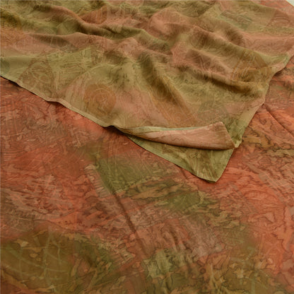 Sanskriti Vintage Sarees Brown/Green Pure Chiffon Printed Sari 5yd Craft Sustainable Fabric