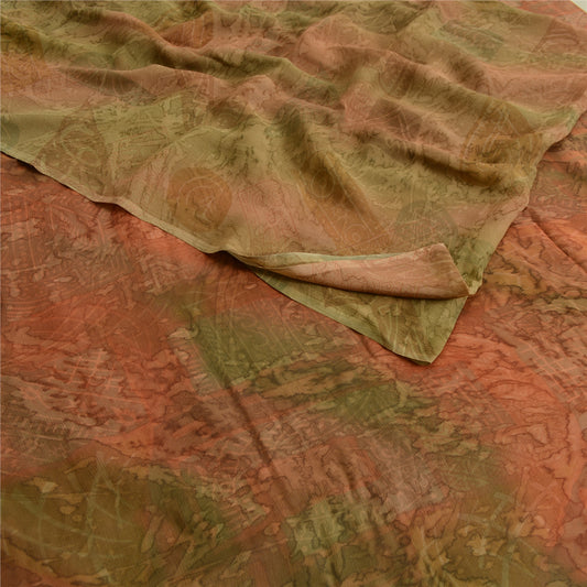 Sanskriti Vintage Sarees Brown/Green Pure Chiffon Printed Sari 5yd Craft Sustainable Fabric