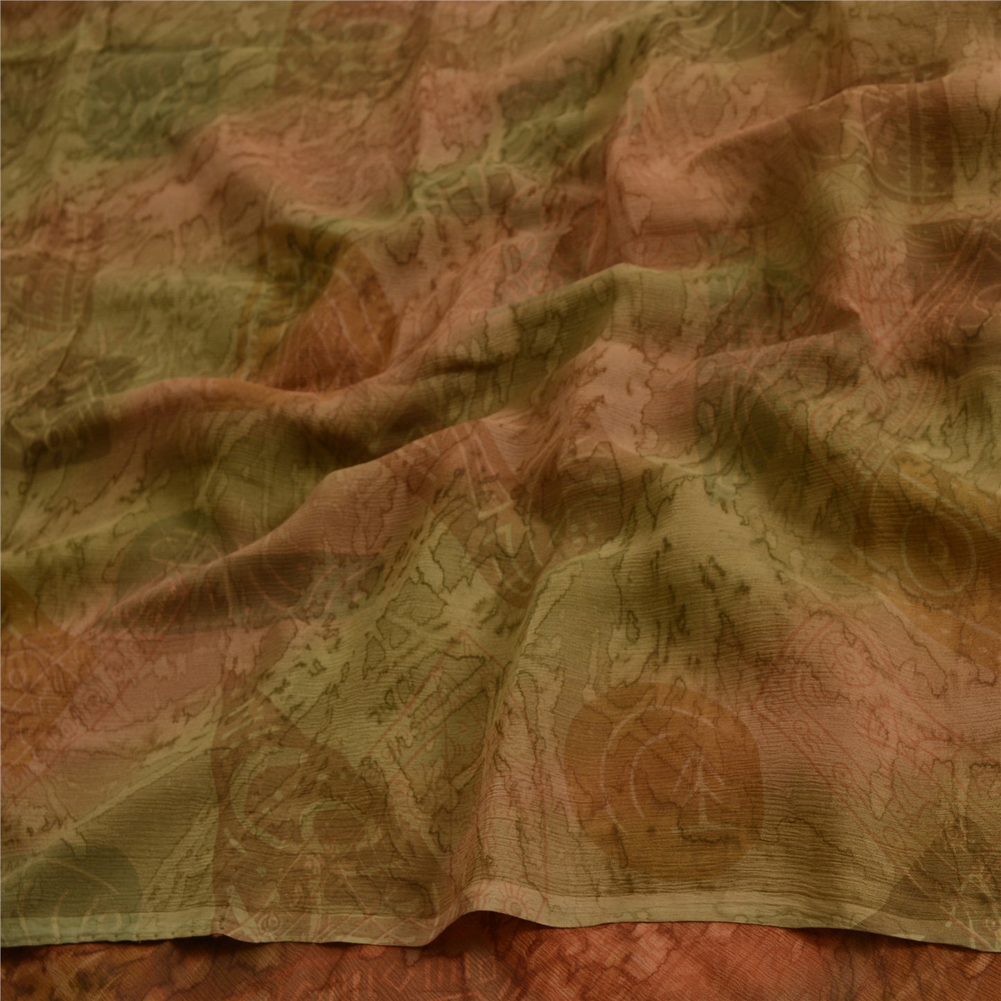 Sanskriti Vintage Sarees Brown/Green Pure Chiffon Printed Sari 5yd Craft Sustainable Fabric