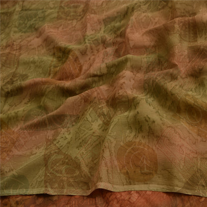 Sanskriti Vintage Sarees Brown/Green Pure Chiffon Printed Sari 5yd Craft Sustainable Fabric