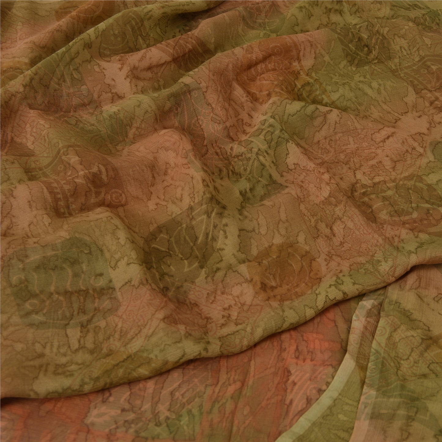 Sanskriti Vintage Sarees Brown/Green Pure Chiffon Printed Sari 5yd Craft Sustainable Fabric