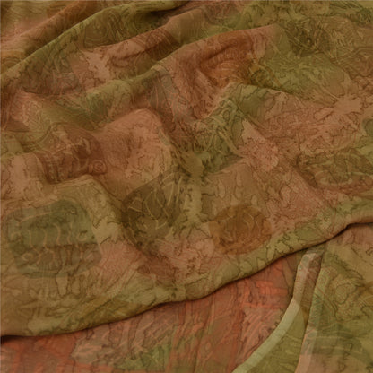 Sanskriti Vintage Sarees Brown/Green Pure Chiffon Printed Sari 5yd Craft Sustainable Fabric