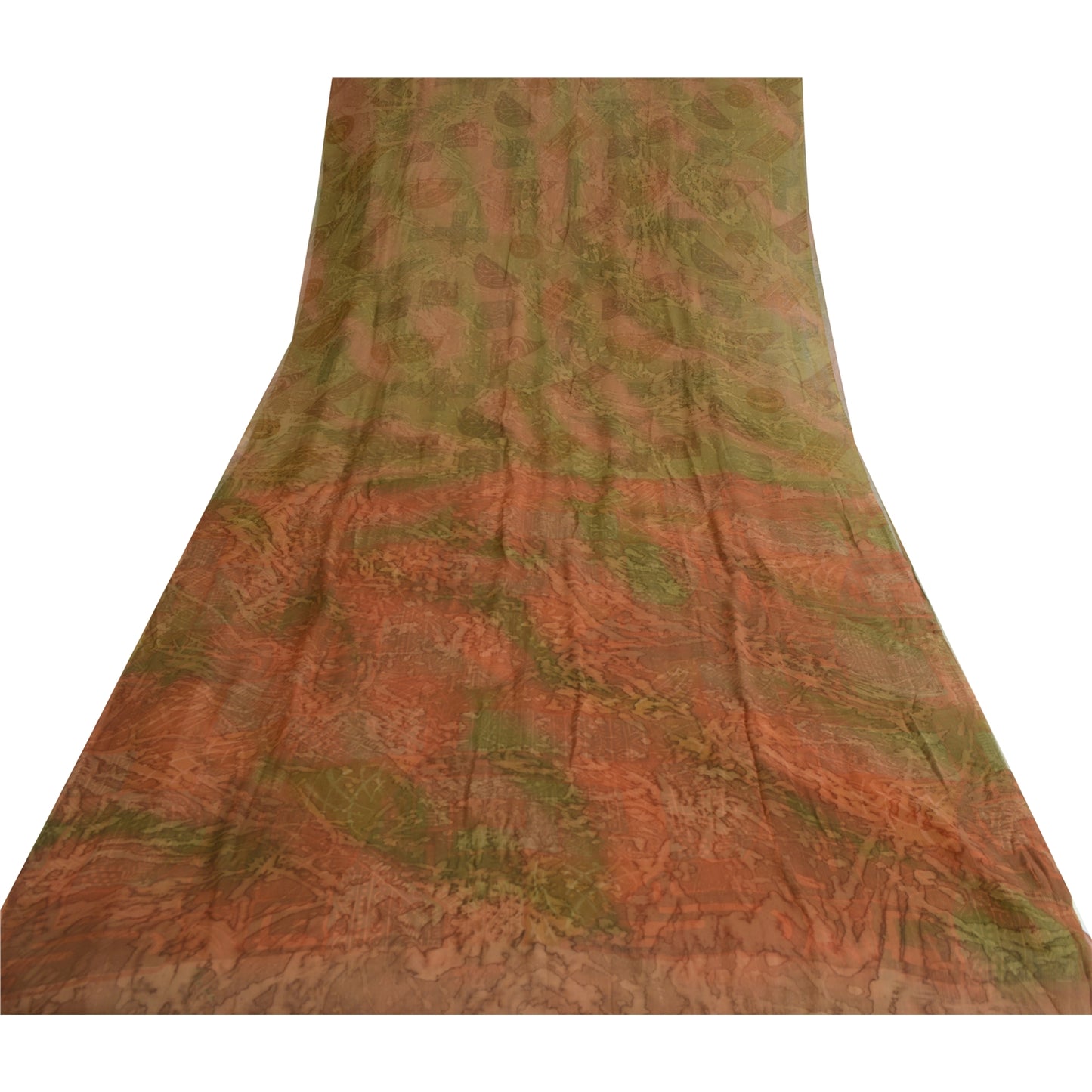 Sanskriti Vintage Sarees Brown/Green Pure Chiffon Printed Sari 5yd Craft Sustainable Fabric