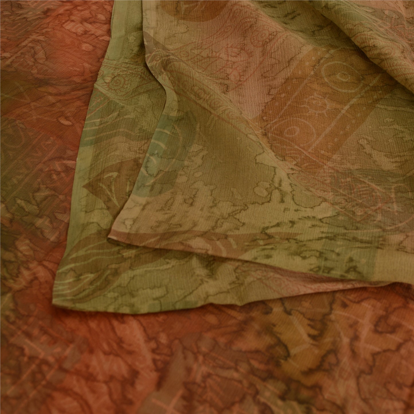 Sanskriti Vintage Sarees Brown/Green Pure Chiffon Printed Sari 5yd Craft Sustainable Fabric