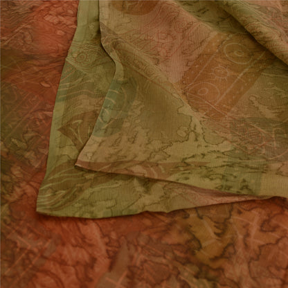 Sanskriti Vintage Sarees Brown/Green Pure Chiffon Printed Sari 5yd Craft Sustainable Fabric