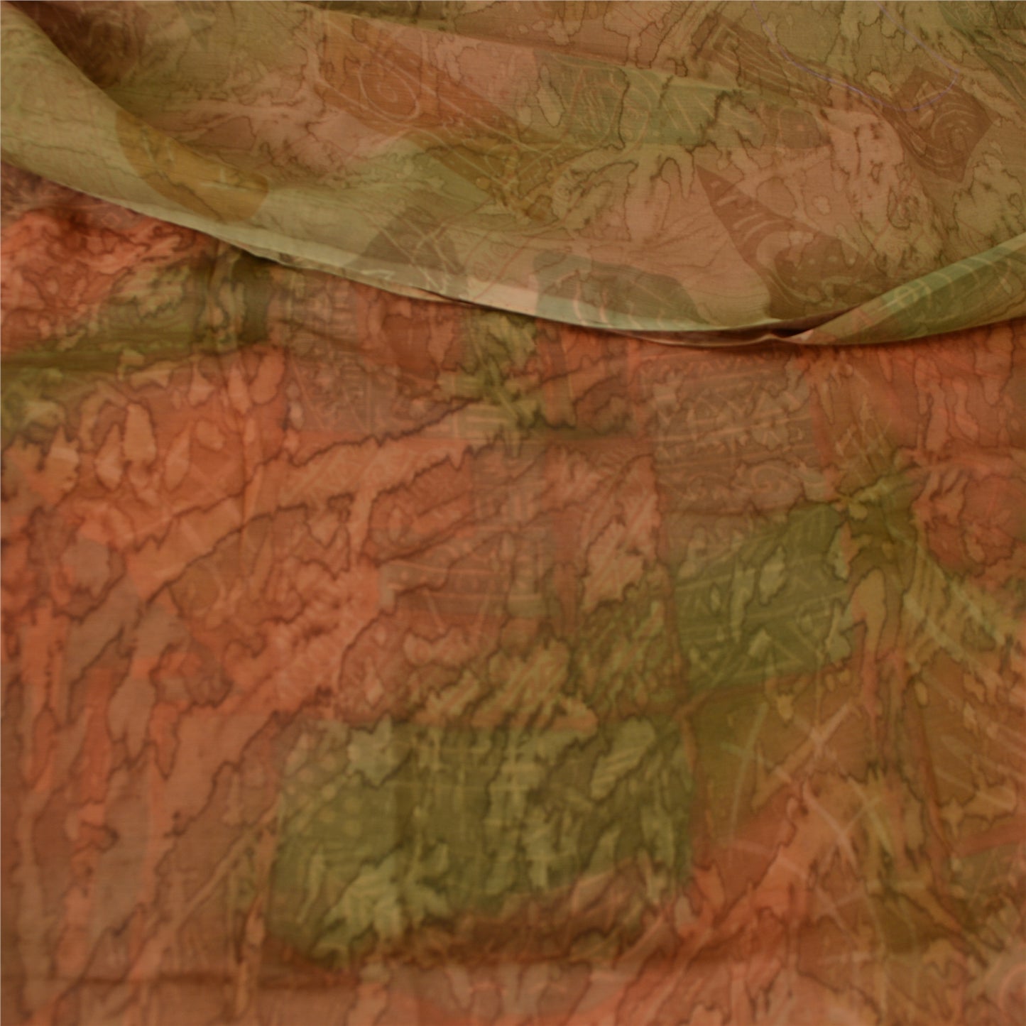 Sanskriti Vintage Sarees Brown/Green Pure Chiffon Printed Sari 5yd Craft Sustainable Fabric